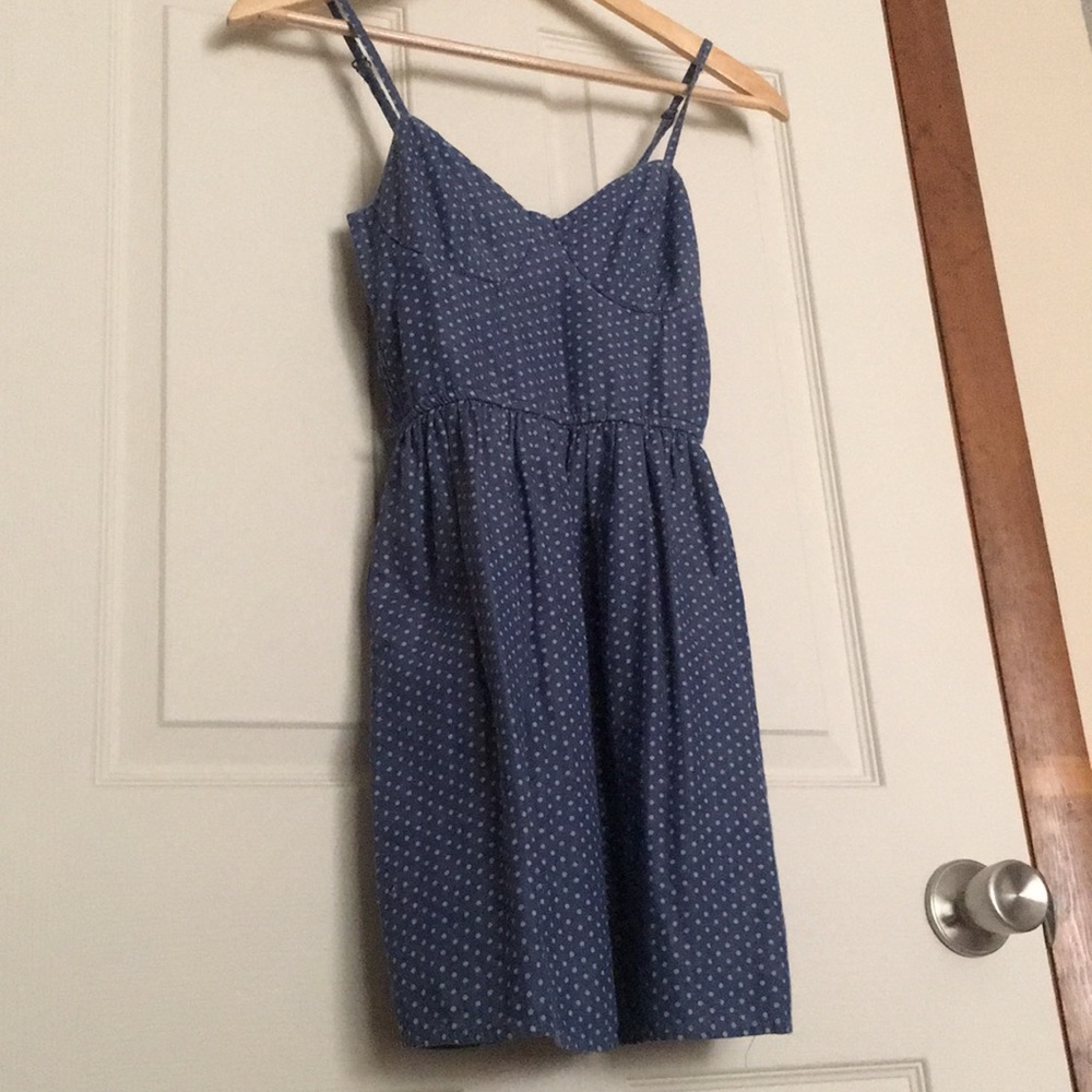 Blue denim cotton white polka dot dress